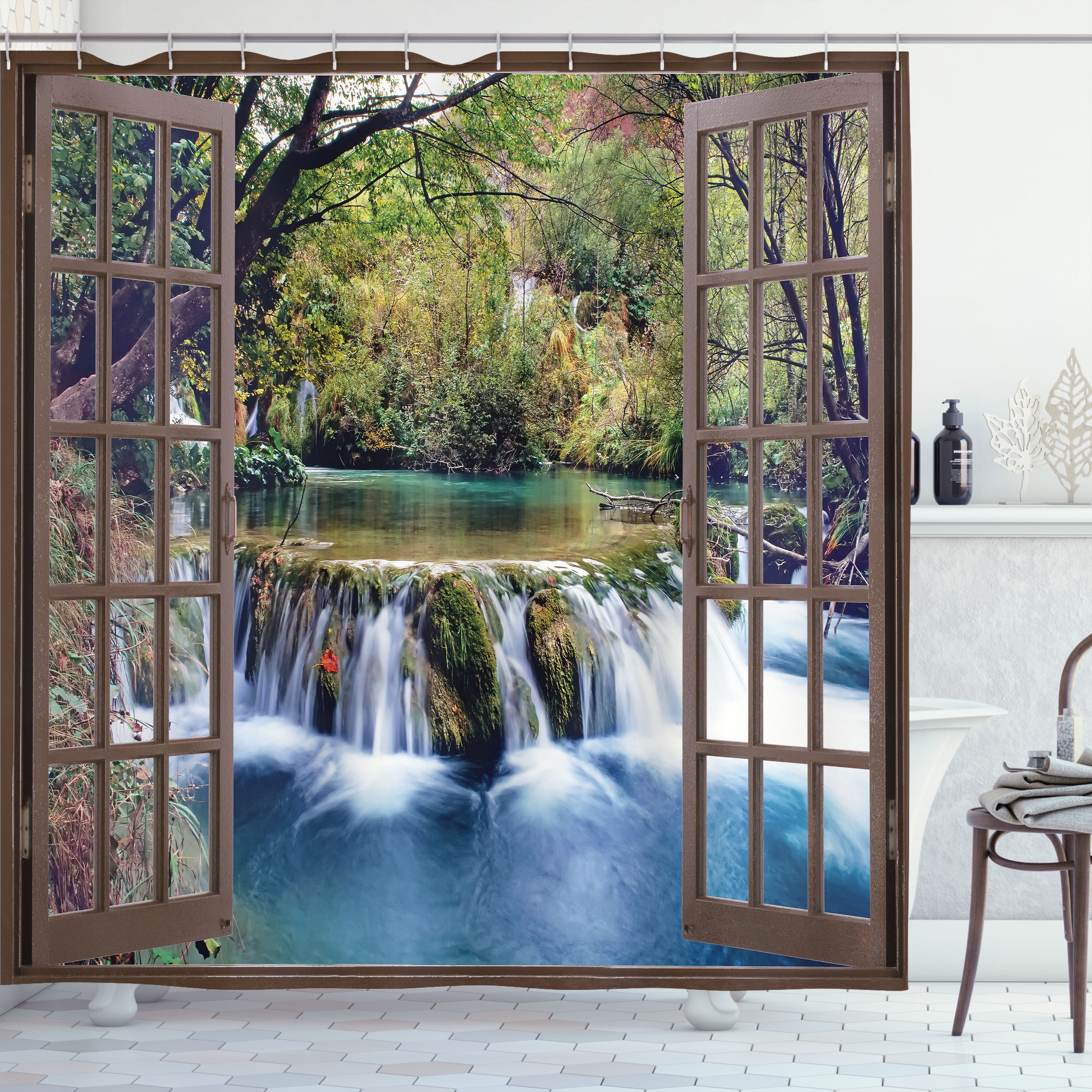 Waterfall Forest Scene Multicolor Fabric Shower Curtain
