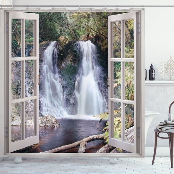 Ambesonne Waterfall Shower Curtain, National Park River, 69"Wx70"L, Brown Green