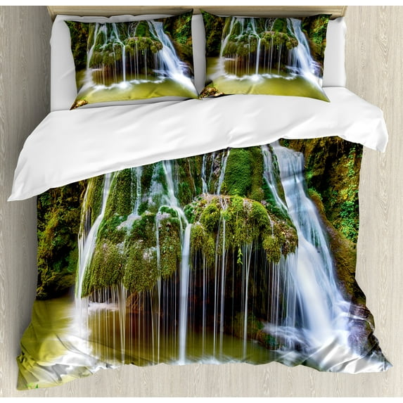 Ambesonne Waterfall to Lake above Rock Umbrella Covered with Botanic Plants Duvet Cover Set