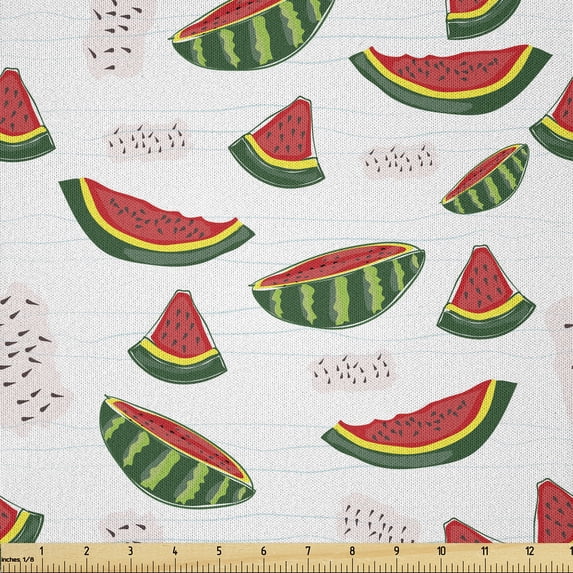 Ambesonne Watermelon Fabric by the Yard Microfiber, Juicy Fruit Slices, 2 Yards, Coral Olive Green
