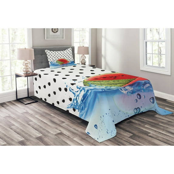Ambesonne Watermelon Quilted Bedspread Set 2 Pcs, Fruit on Water, Twin Size, Multicolor