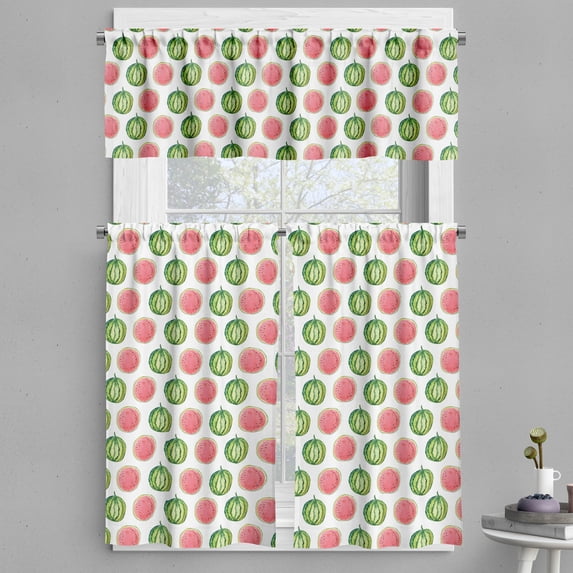 Ambesonne Watermelon Valance & Curtain, Tropic Summer Fruit, 55"x30", Green Coral White
