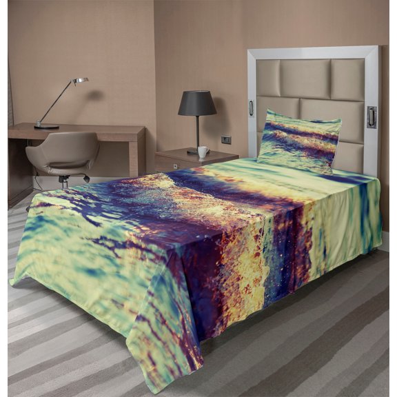 Ambesonne Wave Fitted & Top Sheet Set with Sham, Calm Sea Theme Pastoral, Multicolor