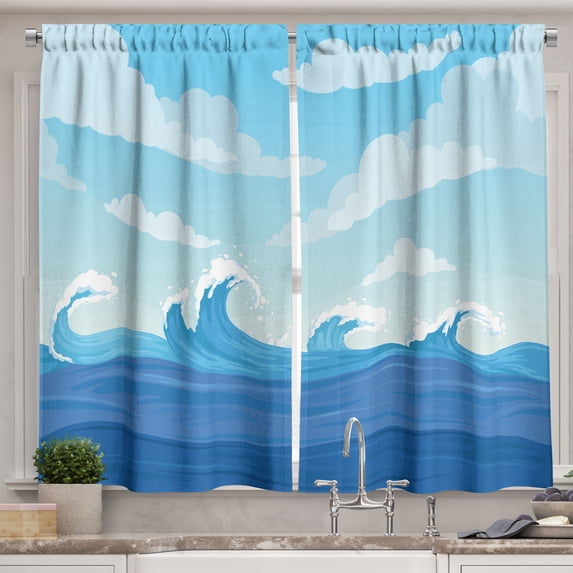 Ambesonne Wave Kitchen Curtains, Blue Tones Ocean Illustration, 55"x39", Dark Sky Blue Pale Blue