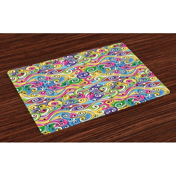 Ambesonne Wave Place Mats Set of 4, Funky Doodle Summer Art, Standard Size, Multicolor