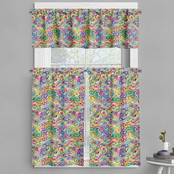 Ambesonne Wave Valance & Curtain, Funky Doodle Summer Art, 55"x30", Multicolor