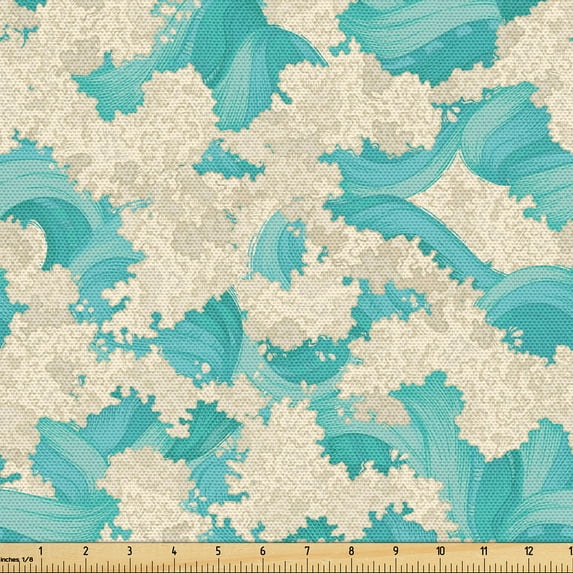 Ambesonne Waves Fabric by the Yard Upholstery, Coastal Ethnic Oceanic Blooms, 10 Yards, Turquoise and Beige