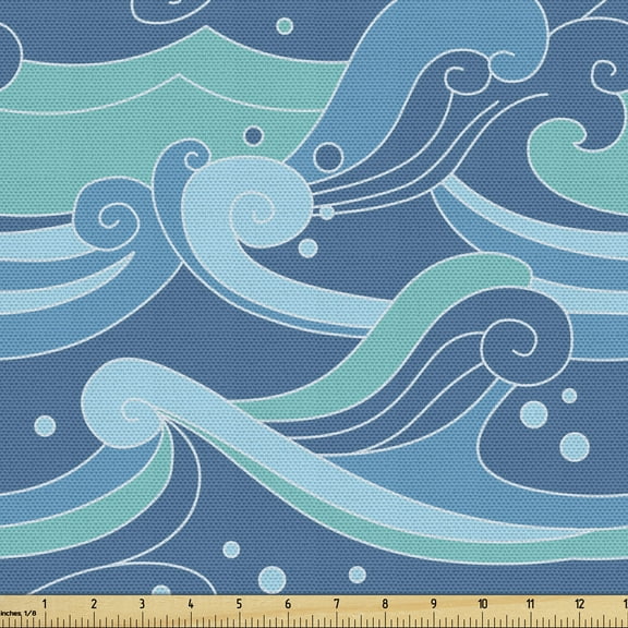Ambesonne Waves Fabric by the Yard Upholstery, Oceanic Splashes Blots Marine, 1 Yard, Turquoise Sea Blue