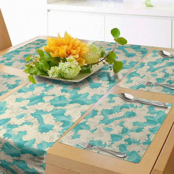 Ambesonne Waves Table Runner & Placemats, Coastal Ethnic Oceanic Blooms, Placemat 4 pcs + Runner 12"x72", Turquoise and Beige