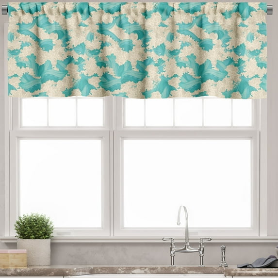Ambesonne Waves Valance Pack of 2, Coastal Ethnic Oceanic Blooms, 54"X18", Turquoise and Beige