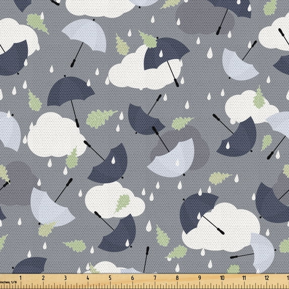Ambesonne Weather Fabric by the Yard Upholstery, Rain and Umbrella Patterns, 5 Yards, Pale Green and White