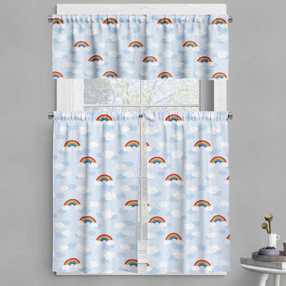 Ambesonne Weather Valance & Curtain, Cartoon Happy Cloud Rain, 55"x45", White Pale Ceil Blue