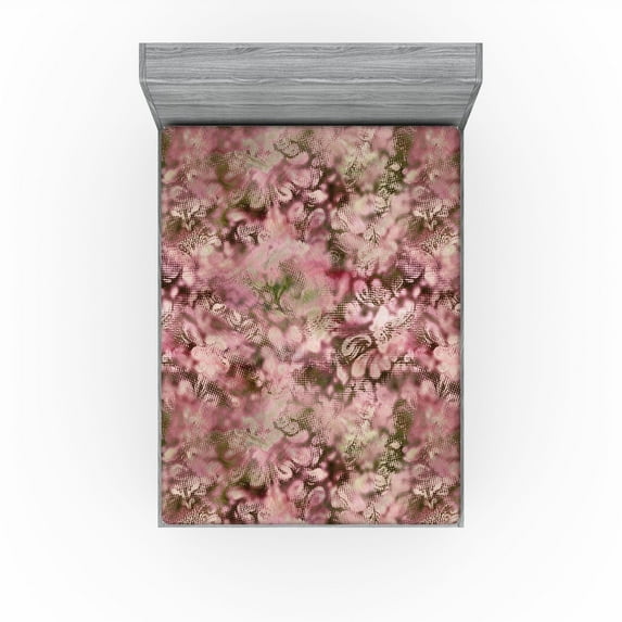 Ambesonne Weathered Fitted Sheet, Oriental Floral Ornament, Full Size, Dried Rose Green Brown