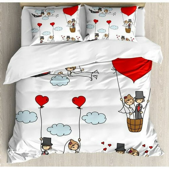 Ambesonne Wedding Decorations Cartoon Couple Romantic Caricatures Getting Married Newlywed Duvet Cover Set