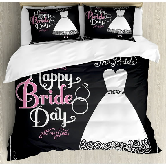 Ambesonne Wedding Duvet Cover Set, Happy Bride Day Words, 2-Calking, Black White and Pink