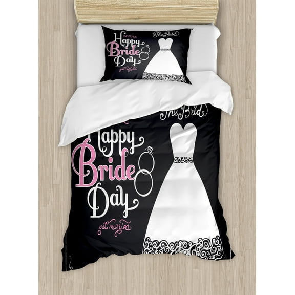 Ambesonne Wedding Duvet Cover Sets, Happy Bride Day Words, 2-Twin, Black White and Pink