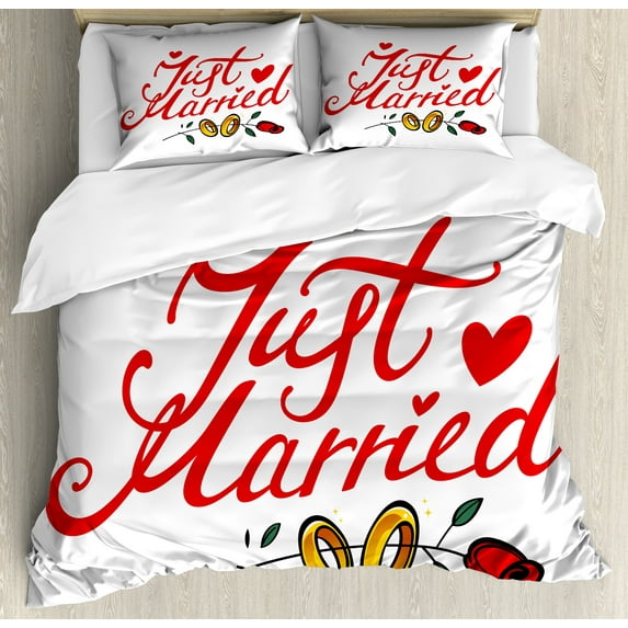 Ambesonne Wedding Duvet Cover Sets, Just Married Rose Rings, 2-Queen, Fern Green White Red