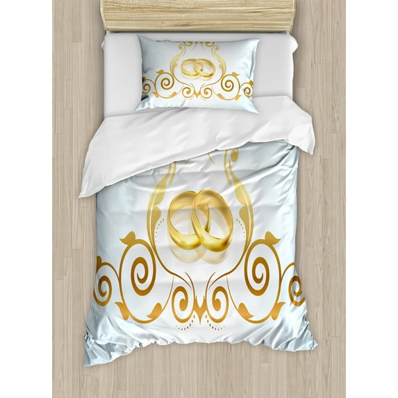 Ambesonne Wedding Duvet Cover Sets, Vintage Classic Rings, 2-Twin, Pale Blue Caramel Yellow