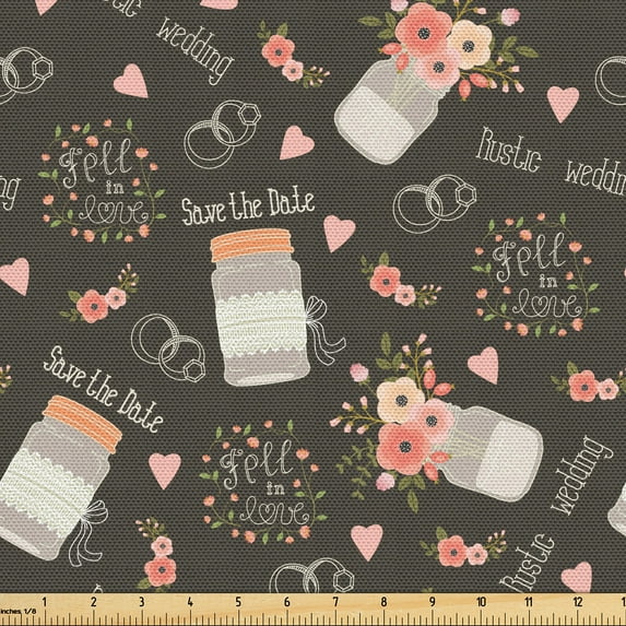 Ambesonne Wedding Fabric by the Yard Upholstery, Save the Date Themed Motif, 2 Yards, Dark Taupe Salmon Coral