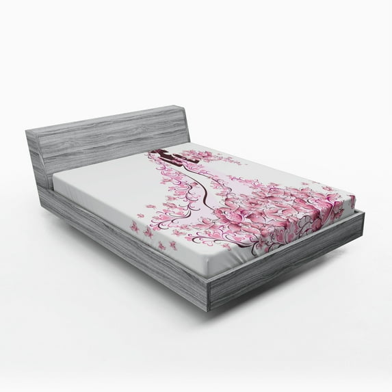 Ambesonne Wedding Fitted Sheet, Floral Bridal Gown, Queen Size, Pale Pink Maroon White