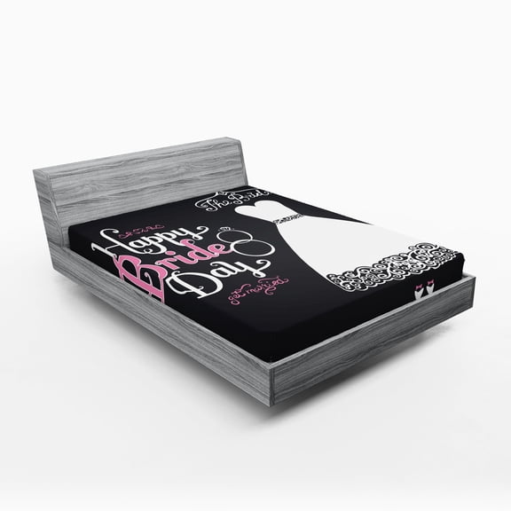 Ambesonne Wedding Fitted Sheet, Happy Bride Day Words, Queen Size, Black White and Pink