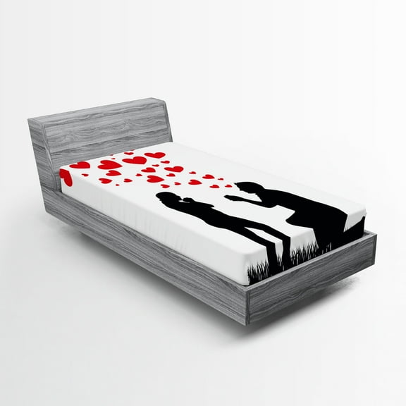 Ambesonne Wedding Fitted Sheet, Proposal Hearts, Twin Size, Black White and Red