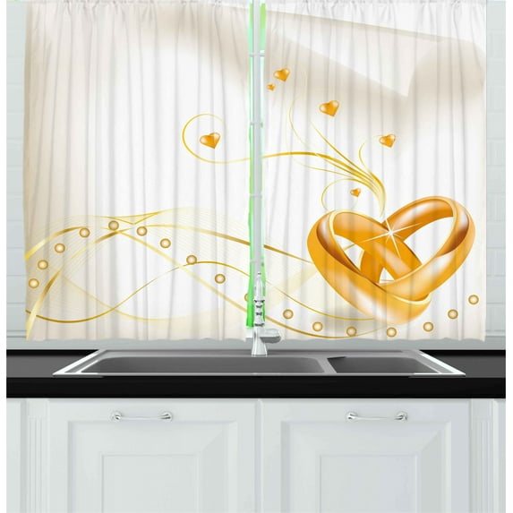 Ambesonne Wedding Kitchen Curtains, Rings Heart 3D Style, 55"x39", Marigold White