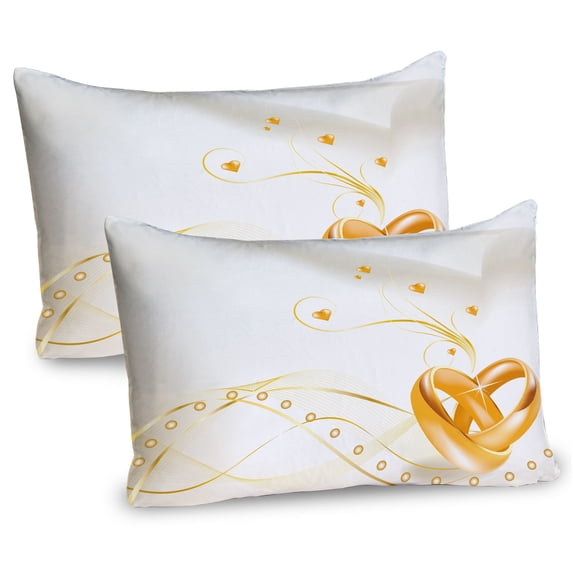 Ambesonne Wedding Pillow Sham 2 Pack, Rings Heart 3D Style, 26"x20", Marigold White