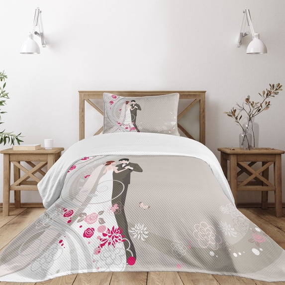 Ambesonne Wedding Quilted Bedspread Set 2 Pcs, Ceremony Bride Groom, Twin Size, Grey Black Pink