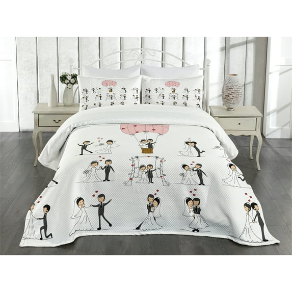Ambesonne Wedding Quilted Bedspread Set 3 Pcs, Bride Groom Cartoon, Queen Size, White Black Pink