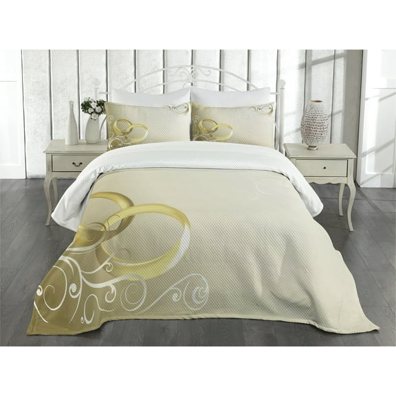Ambesonne Wedding Quilted Bedspread Set 3 Pcs, Rings Floral Romantic, Queen Size, Yellow Sepia Coconut