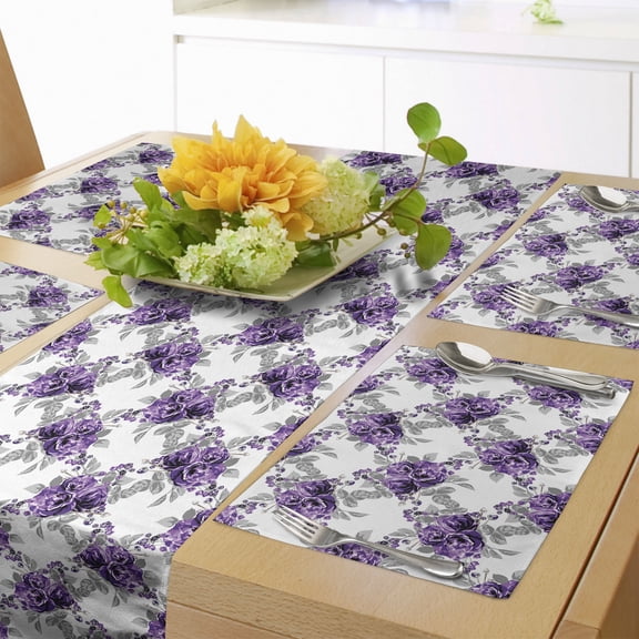 Ambesonne Wedding Table Runner & Placemats, Romantic Violet Rose Blooms, Placemat 4 pcs + Runner 16"x90", Violet Pale Grey