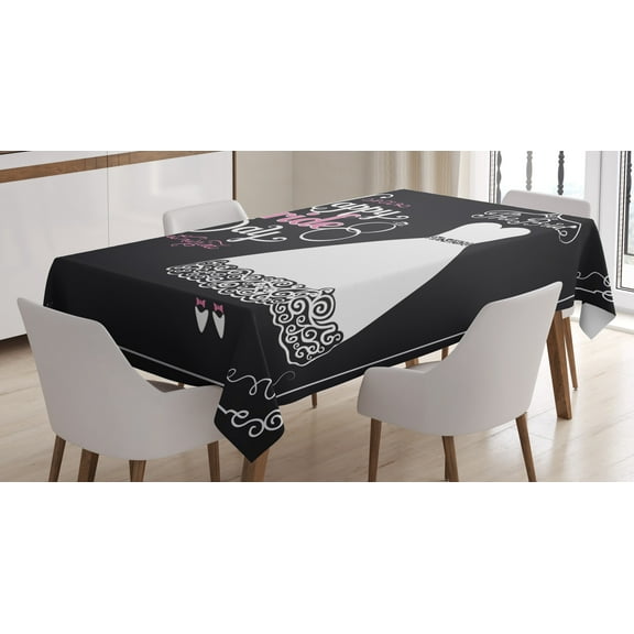 Ambesonne Wedding Tablecloth Rectangular Table Cover, Happy Bride Day Words, 60"x90", Black White and Pink