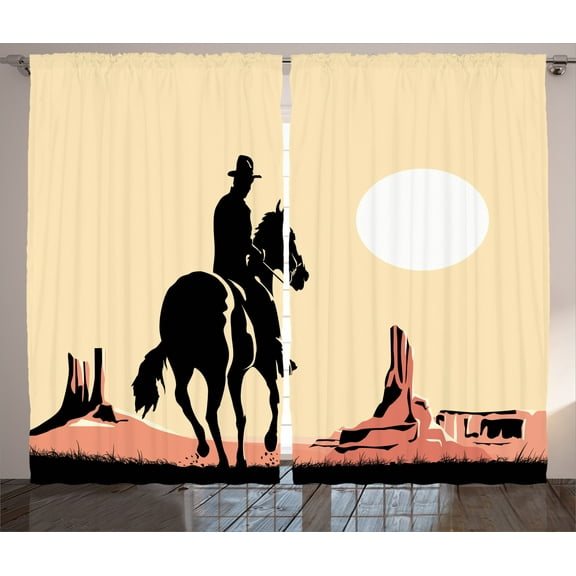 Ambesonne Western Curtains 2 Panel Set, Cowboy Horse Sunset, 108" x 84", Yellow Orange Black