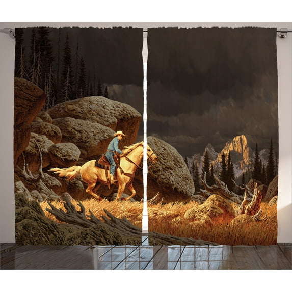 Ambesonne Western Curtains 2 Panel Set, Cowboy Riding Horse, 108" x 84", Earth Yellow Grey