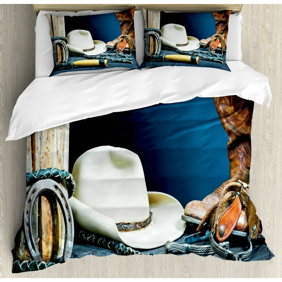 Ambesonne Western Duvet Cover Set, Horseshoe Hat Antique, King, Blue Brown and Beige