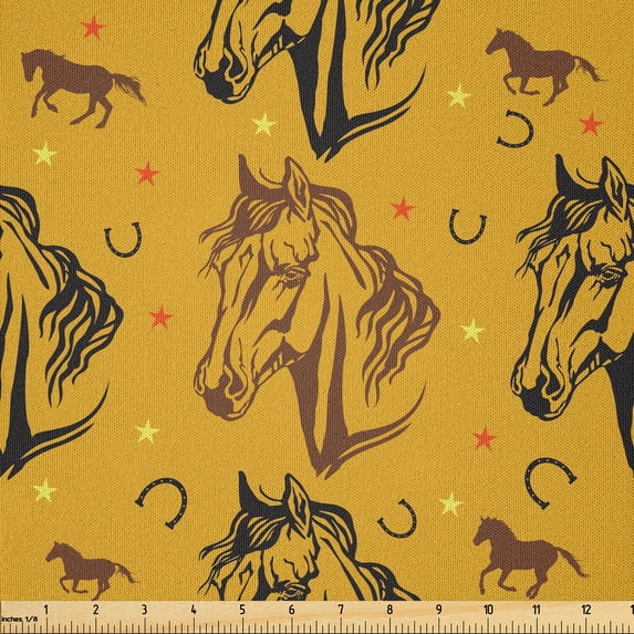 Ambesonne Western Fabric by the Yard Microfiber, Horse Related Items Drawing, 3 Yards, Earth Yellow Black and Umber