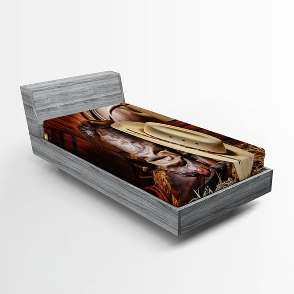 Ambesonne Western Fitted Sheet 2 Pcs Set, America Retro Rodeo, Twin XL, Brown Beige