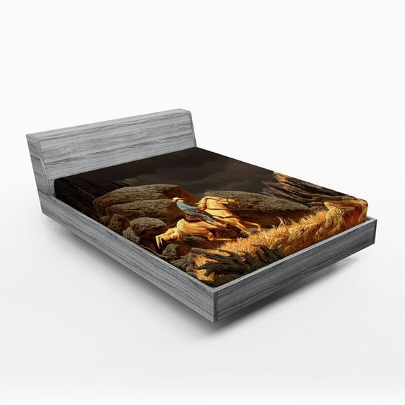 Ambesonne Western Fitted Sheet 2 Pcs Set, Cowboy Riding Horse, King, Earth Yellow Grey