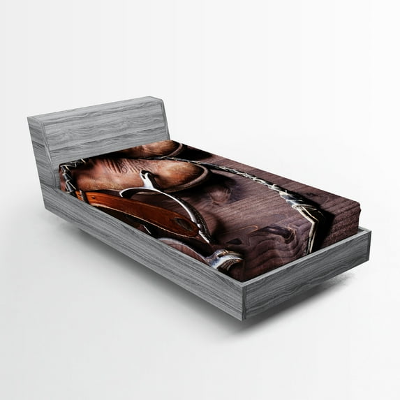 Ambesonne Western Fitted Sheet 2 Pcs Set, Rustic Rodeo Cowboy, Twin, Brown