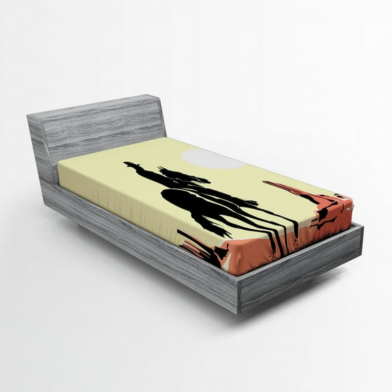 Ambesonne Western Fitted Sheet, Cowboy Horse Sunset, Twin XL Size, Yellow Orange Black