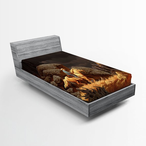 Ambesonne Western Fitted Sheet, Cowboy Riding Horse, Twin Size, Earth Yellow Grey