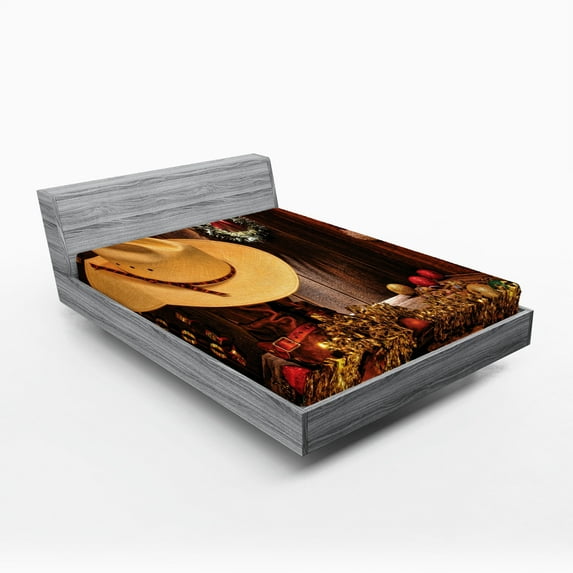 Ambesonne Western Fitted Sheet, Farmhouse Christmas, California King, Cream Brown