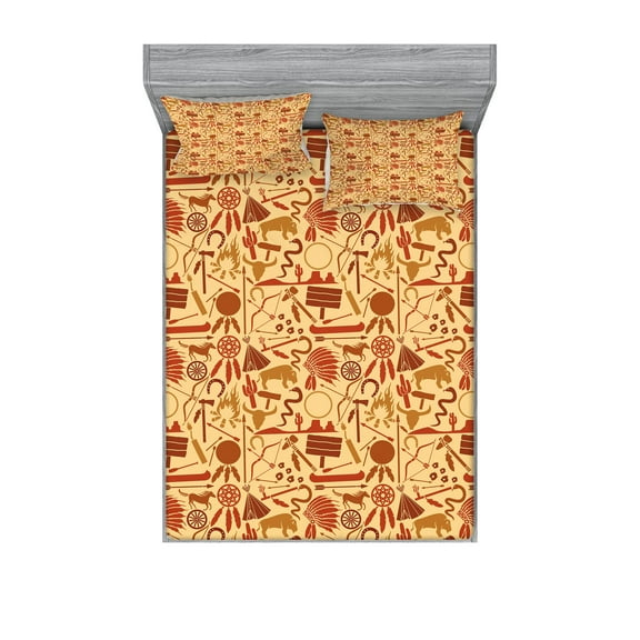 Ambesonne Western Fitted Sheet & Pillow Sham Set, Hat Snakes Bison Folklore, Full, Pale Orange Redwood