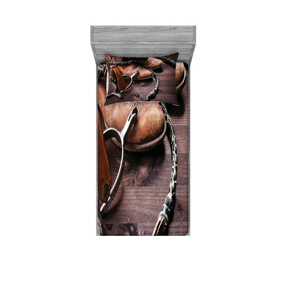 Ambesonne Western Fitted Sheet & Pillow Sham Set, Rustic Rodeo Cowboy, Twin, Brown