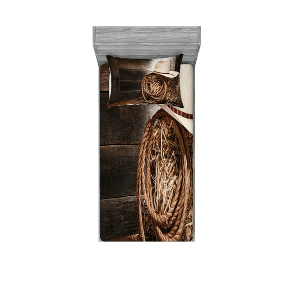 Ambesonne Western Fitted Sheet & Pillow Sham Set, Wooden Folk Robe Hat, Twin, Brown Beige