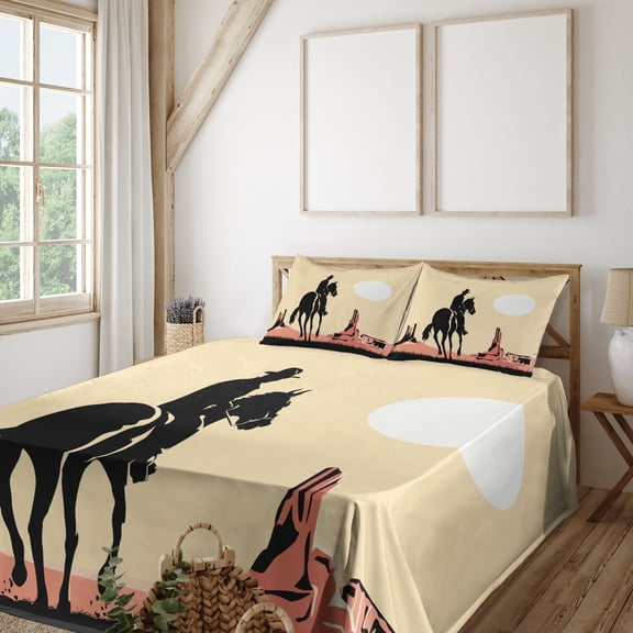 Ambesonne Western Fitted & Top Sheet Set with Shams, Cowboy Horse Sunset, Yellow Orange Black