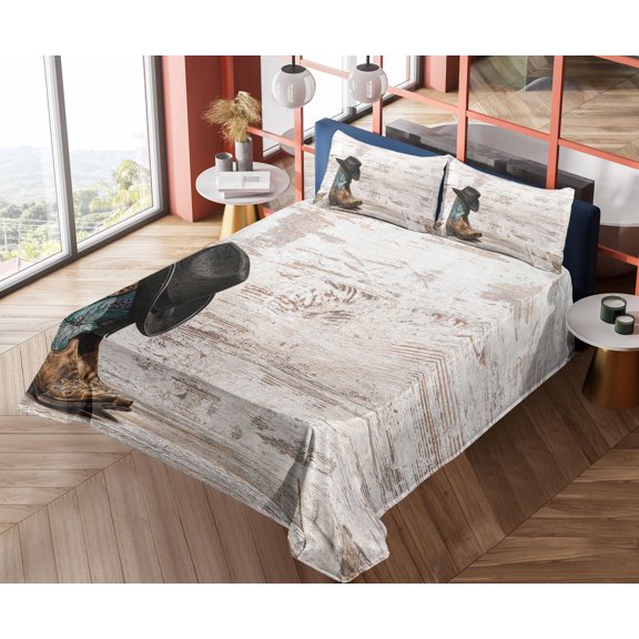 Ambesonne Western Fitted & Top Sheet Set with Shams, Rodeo Cowboy Grunge Hat, Black and Brown