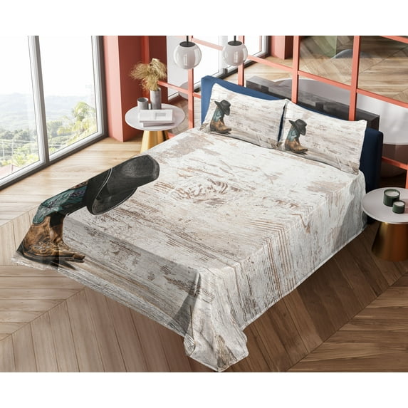 Ambesonne Western Fitted & Top Sheet Set with Shams, Rodeo Cowboy Grunge Hat, Black and Brown