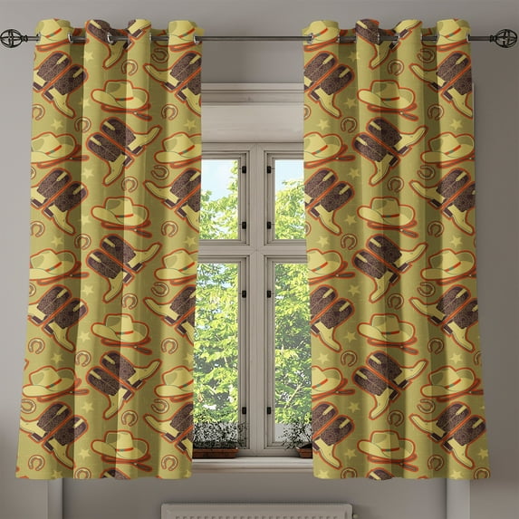 Ambesonne Western Grommet Curtain, Vintage Hats and Boots, 50" x 63", Khaki Dark Brown Scarlet